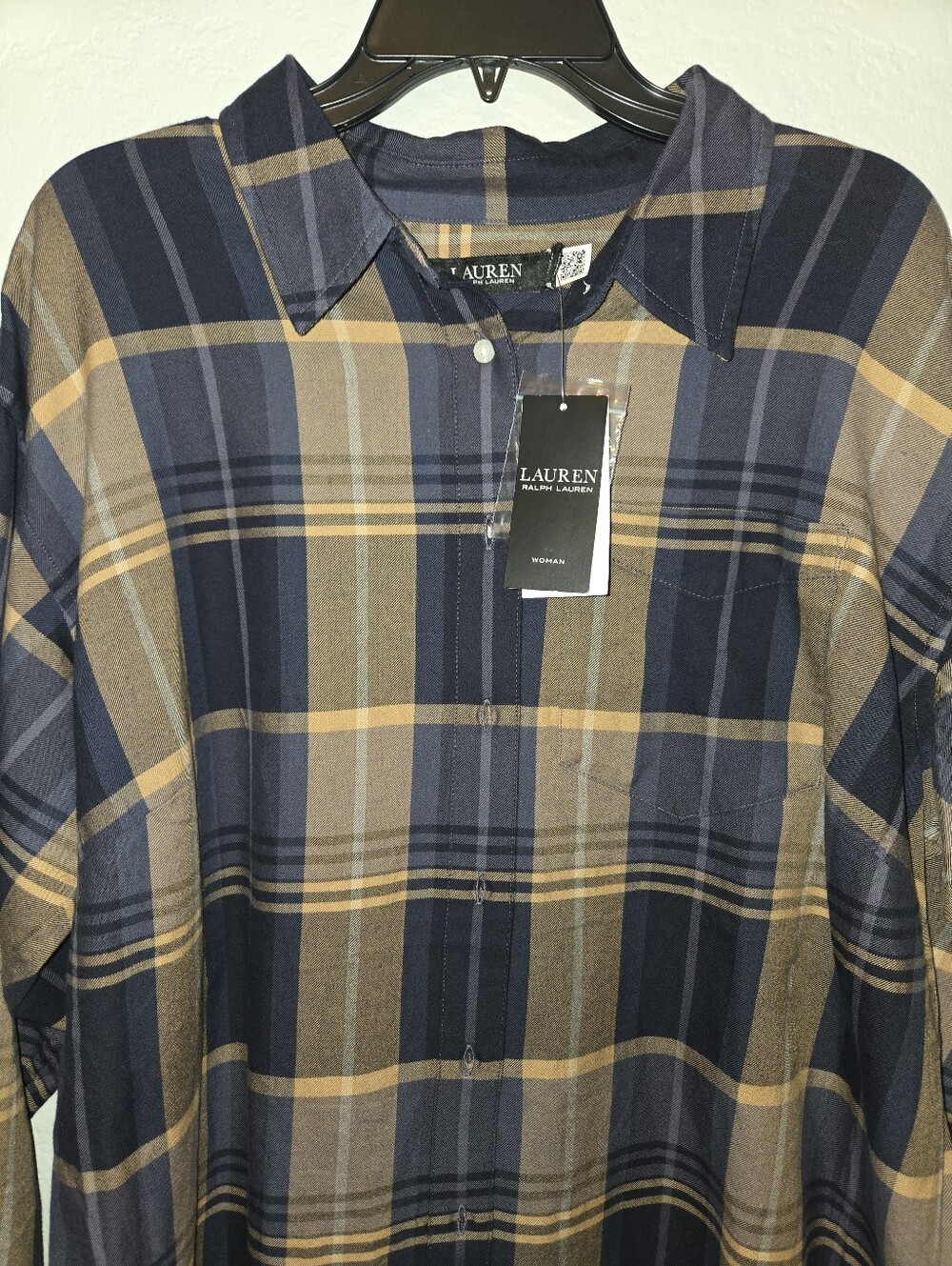 Lauren Ralph Lauren Navy and Brown Plaid Button-Down Shirt, Size 1X - Picture 4 of 5